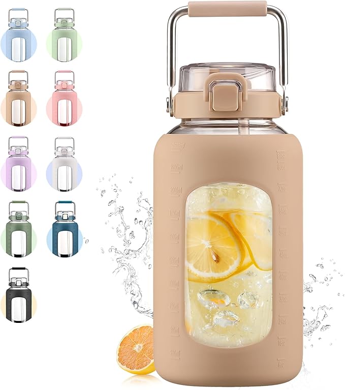 84oz Glass Water Bottle with Stainless Steel Handle,2.4L Gallon Water Bottle With 2-IN-1 Straw Lid, Silicone Sleeve and Motivational Capacity Marker, Wide Mouth Water Jug For Gym, Workout, Amber