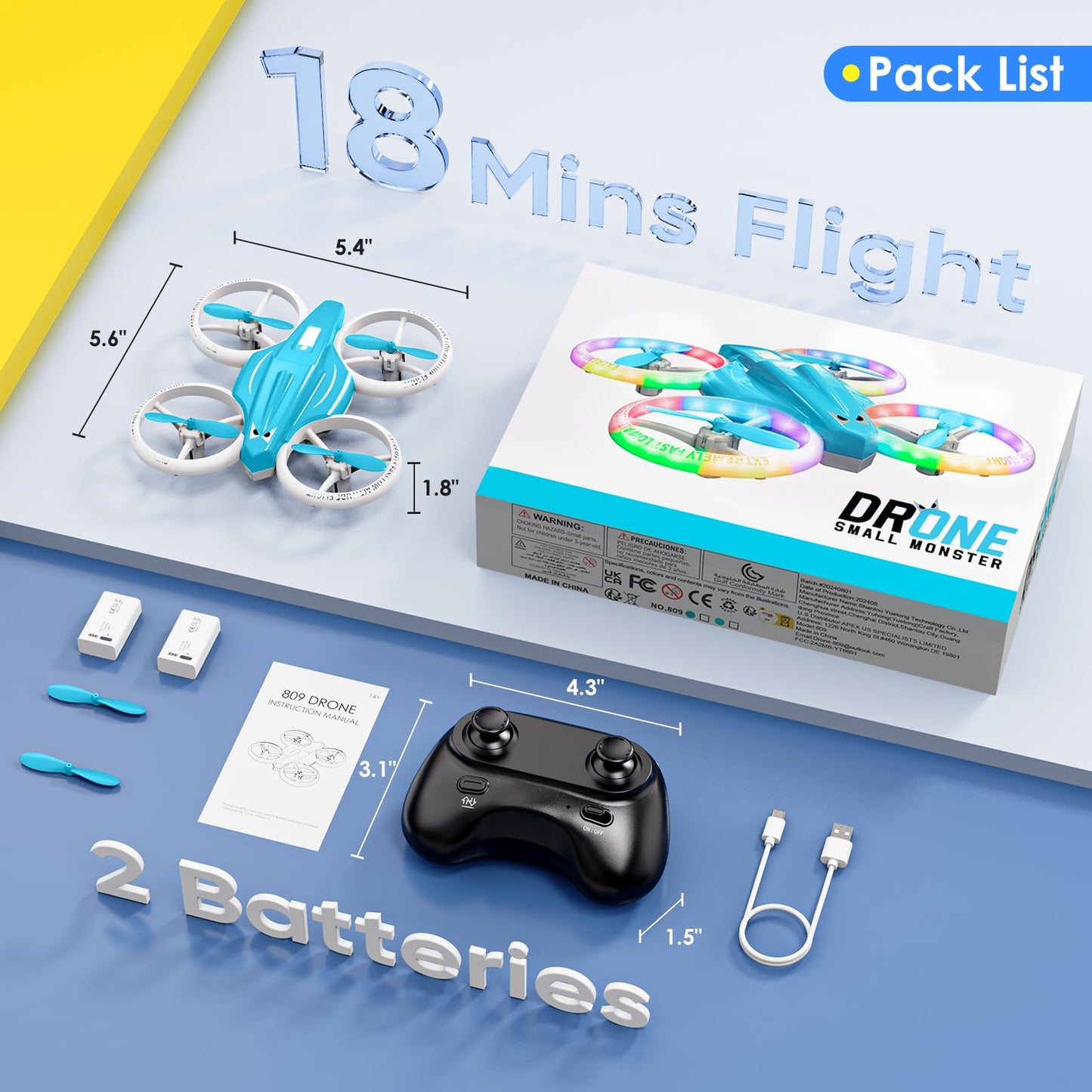 Lisoco Drone, Mini Drone for Kid and Beginner with Led Light, Small Indoor Rc Drone with 360 Flip, 2 Batteries, One Key Take Off Landing, Kids Flying Toy Gift for Boy and Girl(Light Blue)