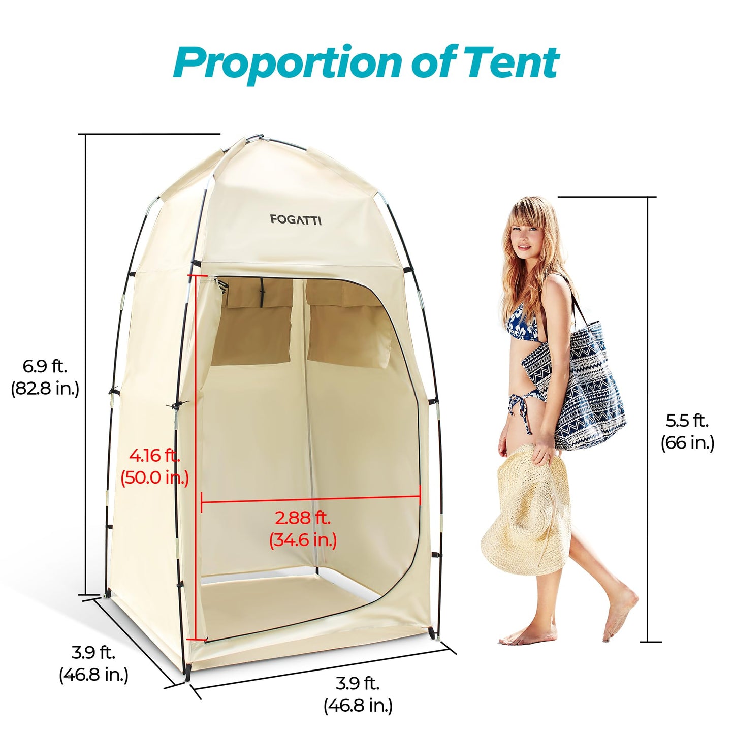 FOGATTI Portable Camping Shower Tent with Floor, 6.9 FT Extra Tall Shelter with 3 Internal Pockets and Carry Bag, Outdoor Privacy Tent for Shower Changing Dressing, Wind-Proof, Oversize, Easy Set Up