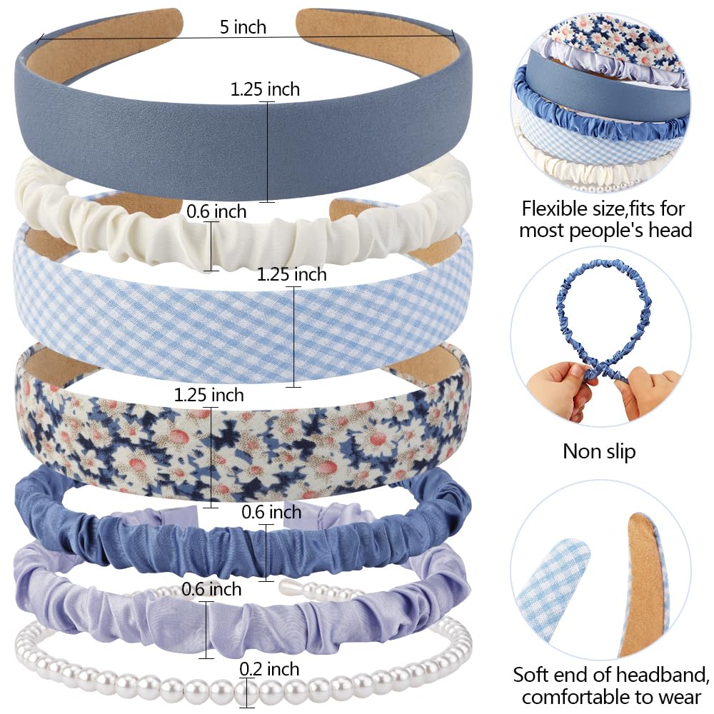 AHONEY 7 Pack Headbands for Girls Women Headbands Trendy Non Slip Hairbands Cute Hair Accessories Multi-style Preppy Headband Pack Diademas Para Mujer (Blue)