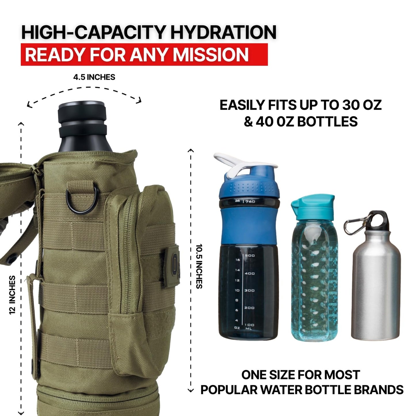 Orca Tactical Molle Water Bottle Pouch - Molle Water Bottle Holder with Strap - Water Bottle Carrier with Multiple Storage Options (OD Green)
