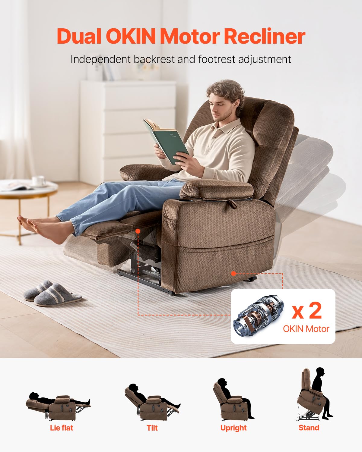 VEVOR Power Lift Recliner Chair, Dual Motor Lift Chair with Heat and Massage for Elderly, 2 Cup Holders and USB Port Infinite Position Adjustment Electric Recliner (Large, Brown)