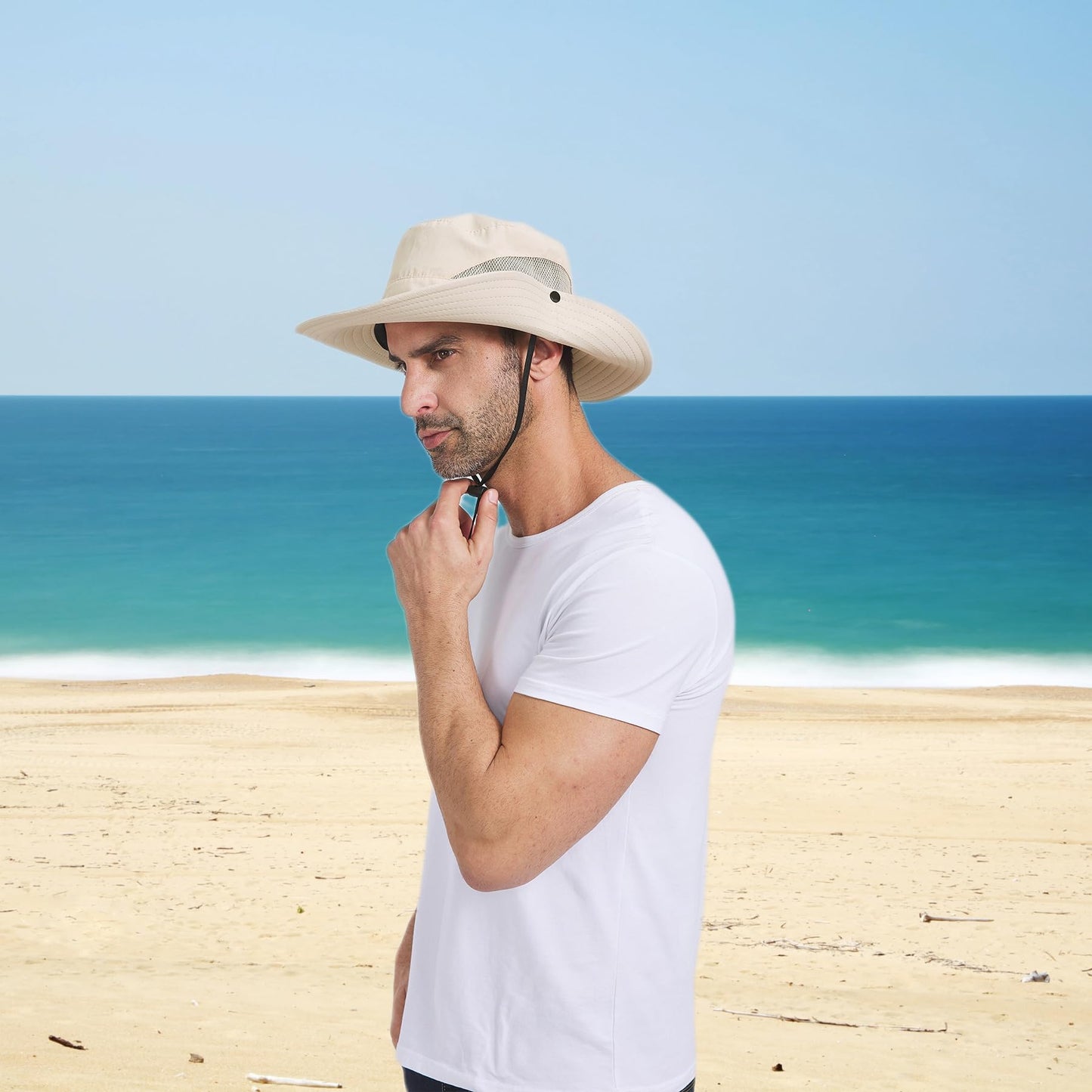 PFFY Sun Bucket Hat for Men 3” Wide Brim UPF 50+ Bucket Fishing & Beach Hats Beige
