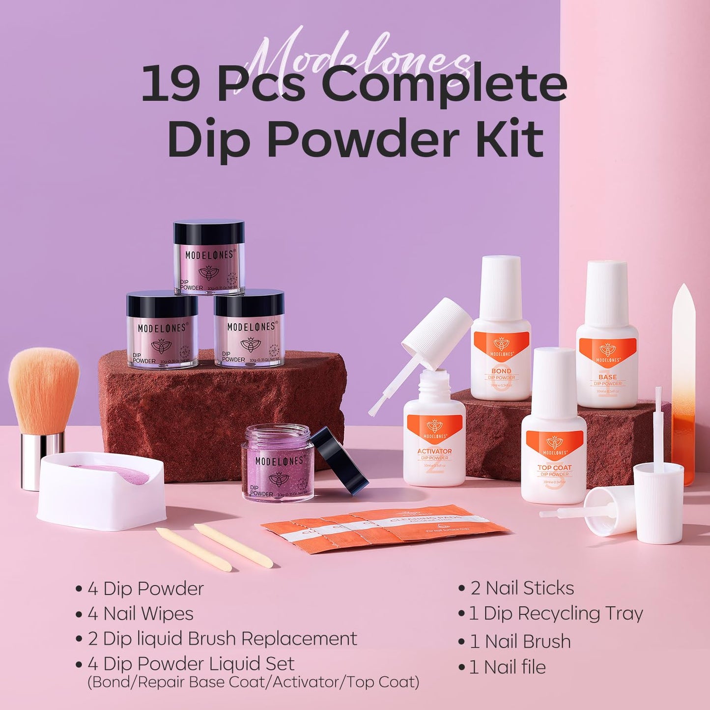 Modelones Dip Powder Nail Kit, 4 Colors Pink Purple Glitter Dipping Starter Set with Liquid and Complete Accessories for French Nails Art Salon DIY at Home Manicure