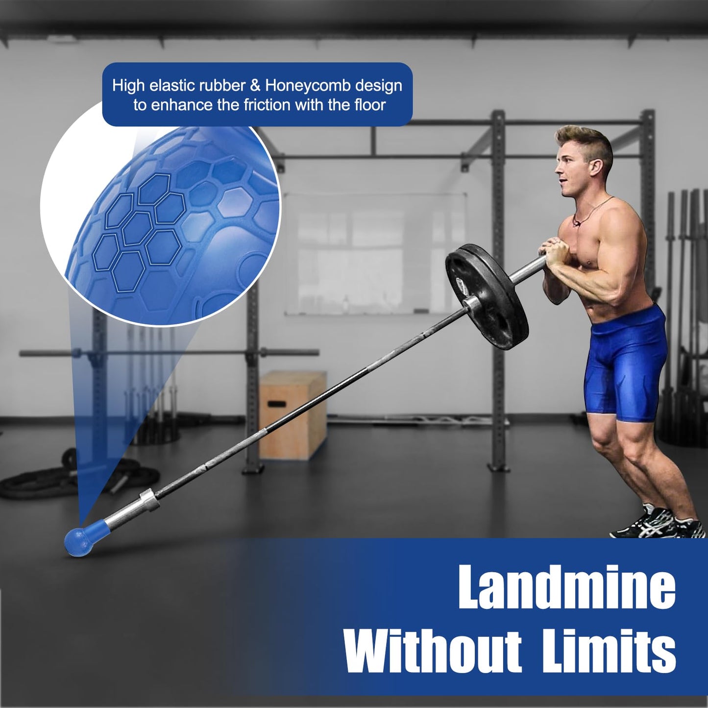 HXD-ERGO Landmine Attachment for Barbell, Barbell Bomb for Press, Row, Spin, Split Squats, Natural Rubber Barbell Landmine Attachments, T Bar Row Attachment Fits 2 Inch Olympic Bars(Blue)