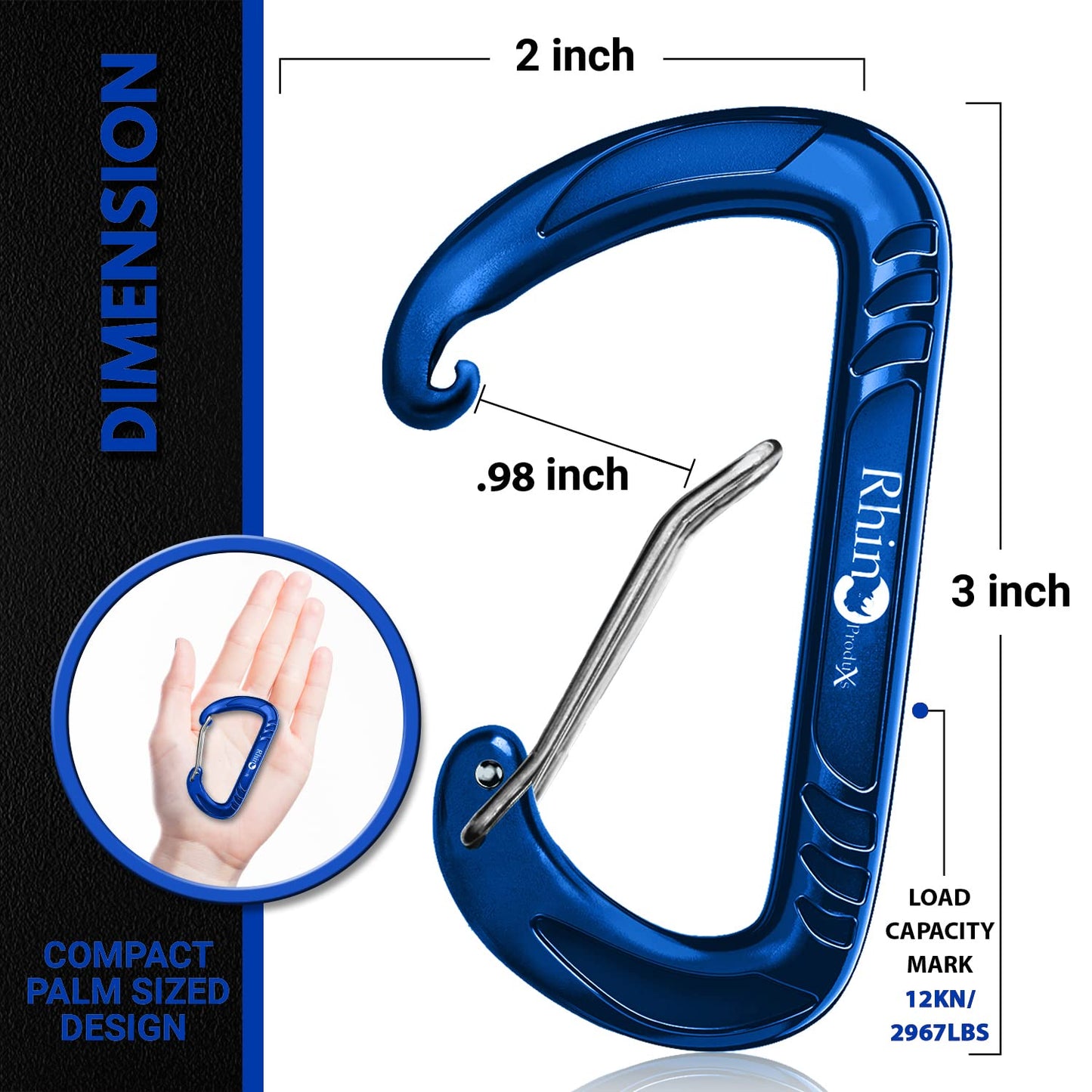 RHINO Produxs 4PCS of 12kN Heavy Duty Lightweight Wiregate Snap Carabiner Clips - Excellent for Securing Pets, Outdoor, Camping, Hiking, Hammock, Dog Leash Harness, Keychains, Water Bottle