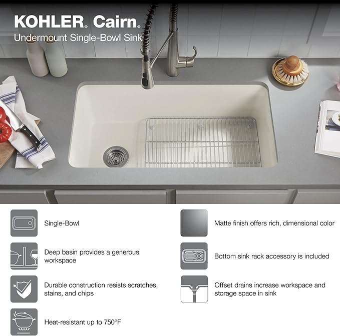 KOHLER K-8206-CM4 Cairn Sink, 33" Neoroc Composite Undermount Single-Bowl Kitchen Sink, Composite Kitchen Sink with Sink Rack, Matte Grey