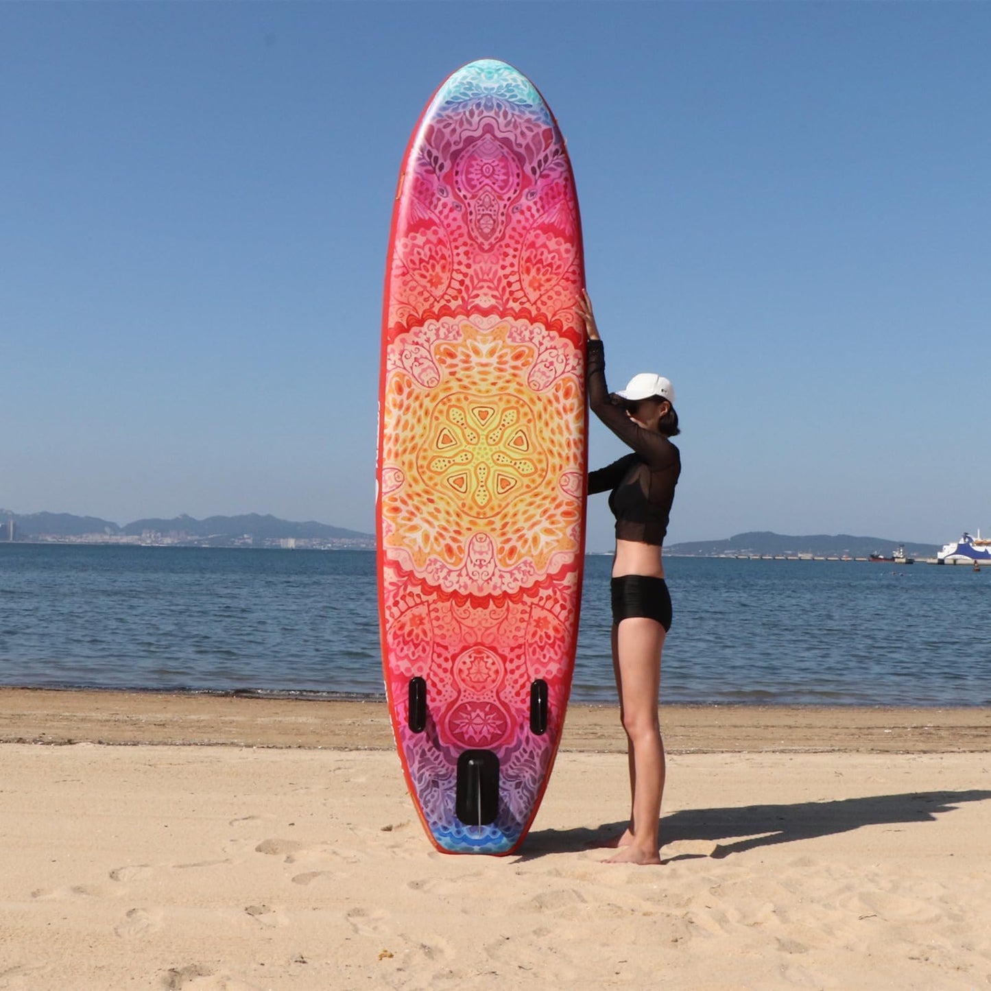 AISUNSS SUP Board 10.6Ft All Around Board Premium iSUP, Yoga Board with SUP Accessories Include Non-Slip mat, Waterproof Phone Bag, Double Action Pump, Adjustable Aluminum Paddle (Red Meditation)