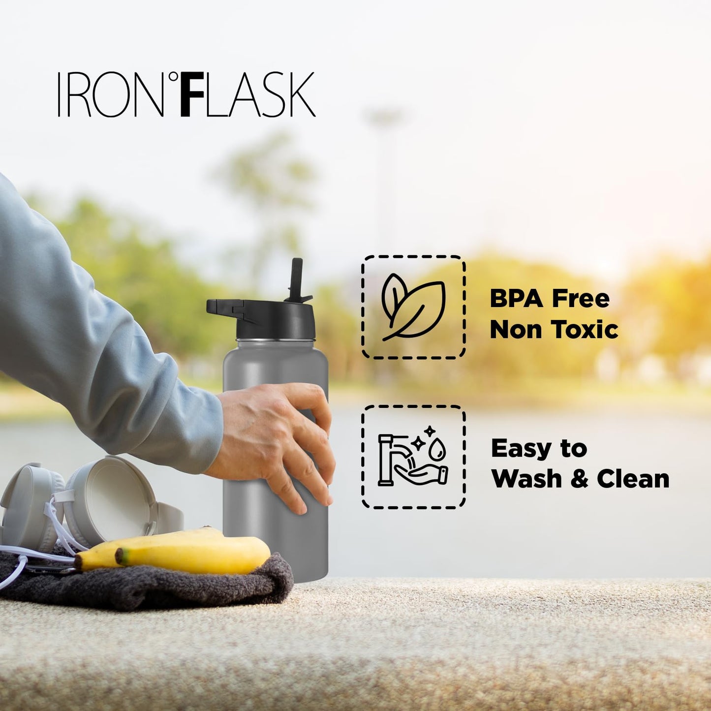 IRON °FLASK Camping & Hiking Hydration Flask, Wide Mouth, 3 Straw Lids, Stainless Steel Outdoor Water Bottle, Double Walled, Insulated Thermos, Metal Canteen - Lavender Bliss, 40 Oz