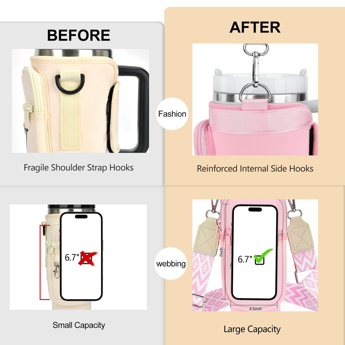 Initial Water Bottle Holder with Strap for Stanley 40 oz Tumbler, for Simple Modern 40 oz Tumbler, Graduation Gift with Phone Pocket, Carabiner, Personalized Gift for Stanley Cup Accessories Pink A