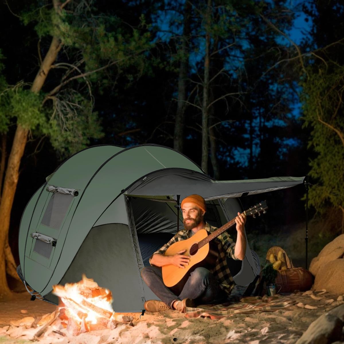 HEWOLF 3-4 Person Pop Up Tents for Camping Easy Set Up Pop Up Tent Waterproof Portable Tent Automatic Setup with 2 Bigs Doors Family Tents for Hiking (Green)