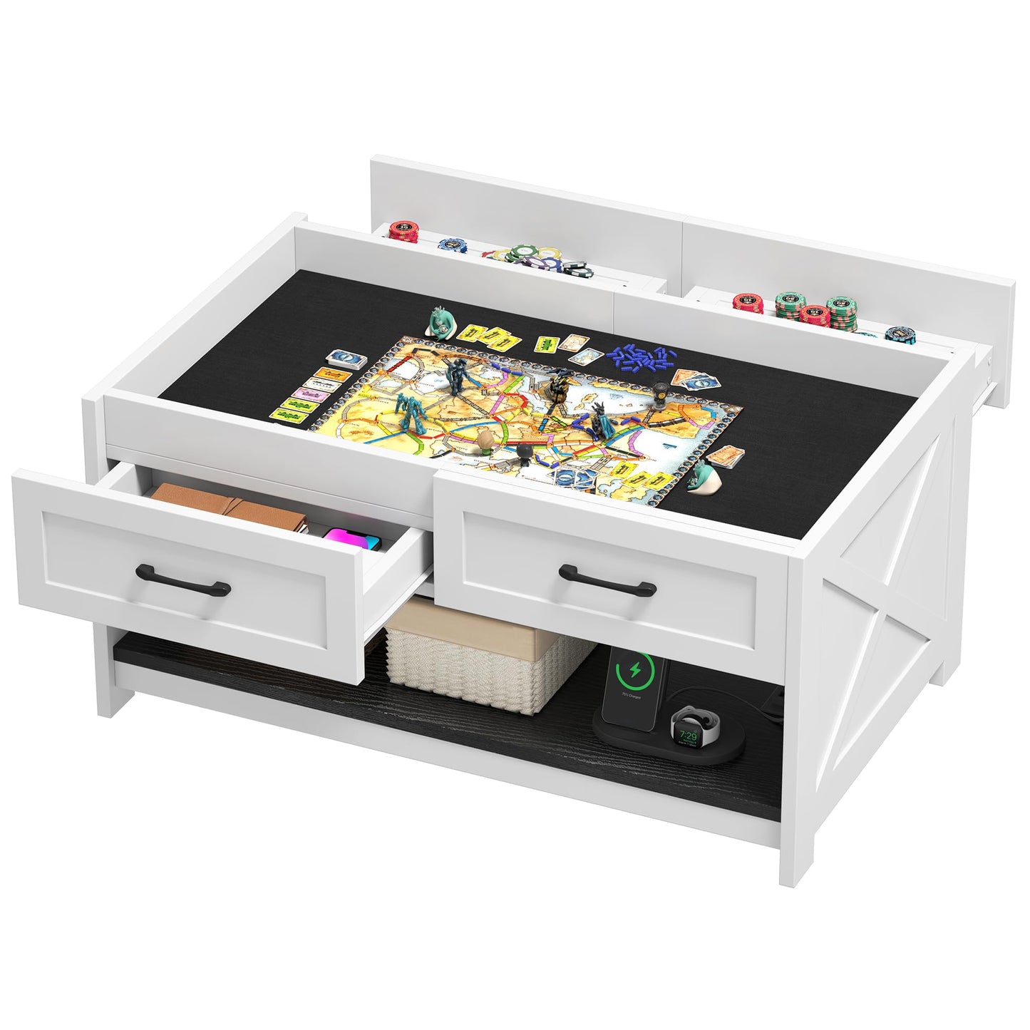 DWVO Farmhouse Living Room Coffee Table: 3-in-1 Game & Puzzle Table with Play Mat, 4 Drawers, Power Outlet, Removable Top Black