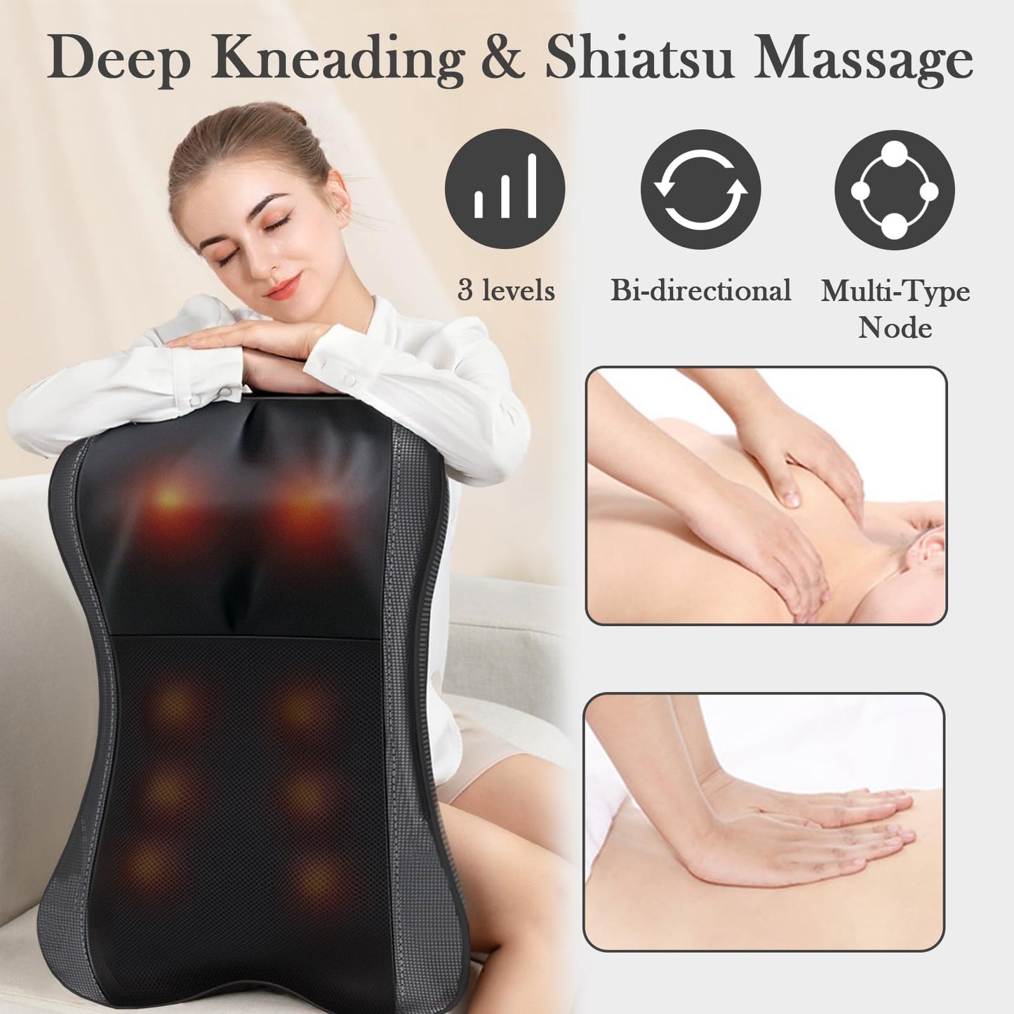 Back Massager with Heat, Shiatsu Neck and Back Massager for Pain Relief Deep Tissue, 3D Deep Kneading Cushion Massage for Neck Shoulder Legs, Suitable for Office and Home, Gifts for Men Women