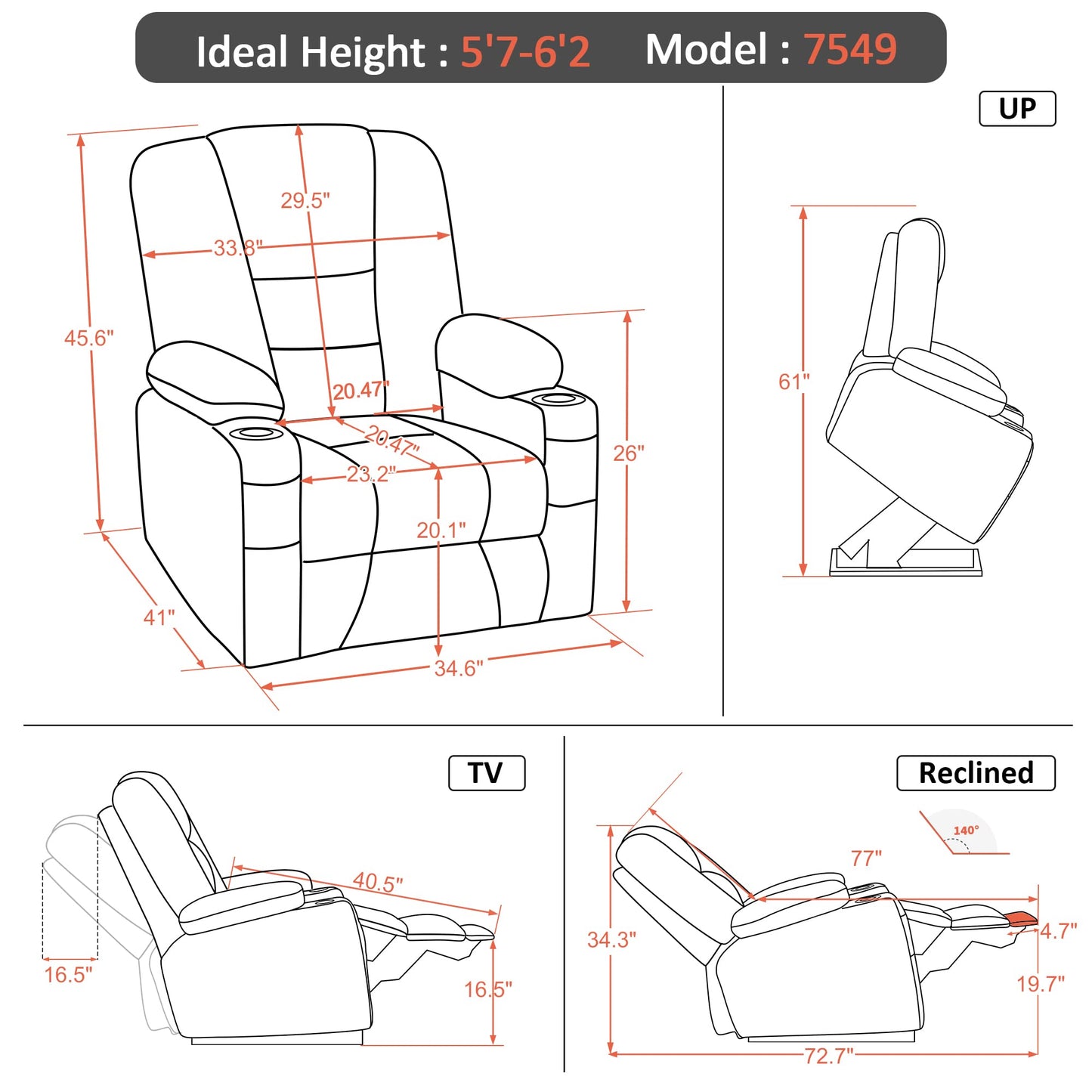 MCombo Large Power Lift Recliner Chair Sofa with Massage and Heat for Big and Tall Elderly People, 3 Positions, Cup Holders, and USB Ports, Fabric 7549 (Large, Brown)