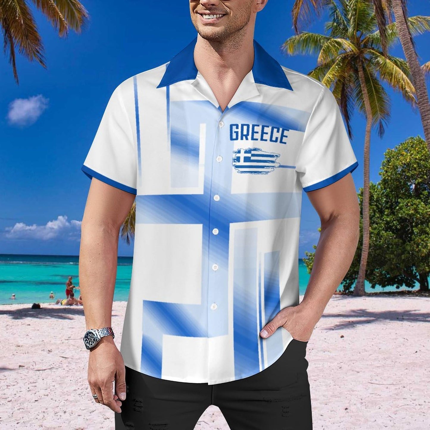 GIF4FOT Custom 2024 Greece Soccer Cuban Neck Shirt Hawaii Short Sleeve Personalized Name Number for Men Sports Gift, Small
