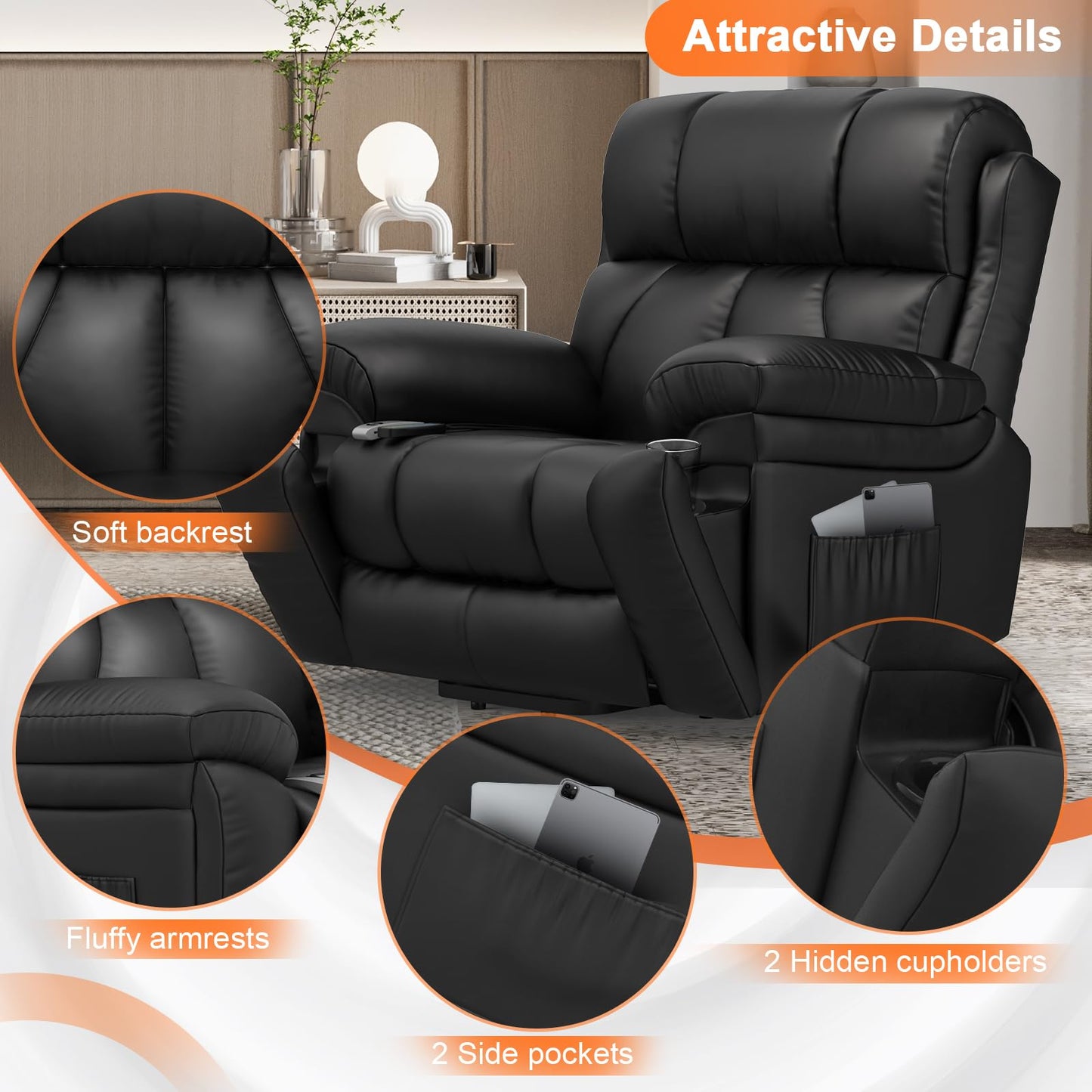 YONISEE Oversized Lift Chairs Recliner for Elderly with Massage and Heat, Overstuffed Wide Recliners, Recliner Chairs for Adults, Heavy Duty and Safety Motion with 2 Concealed Cup Holders, USB Ports