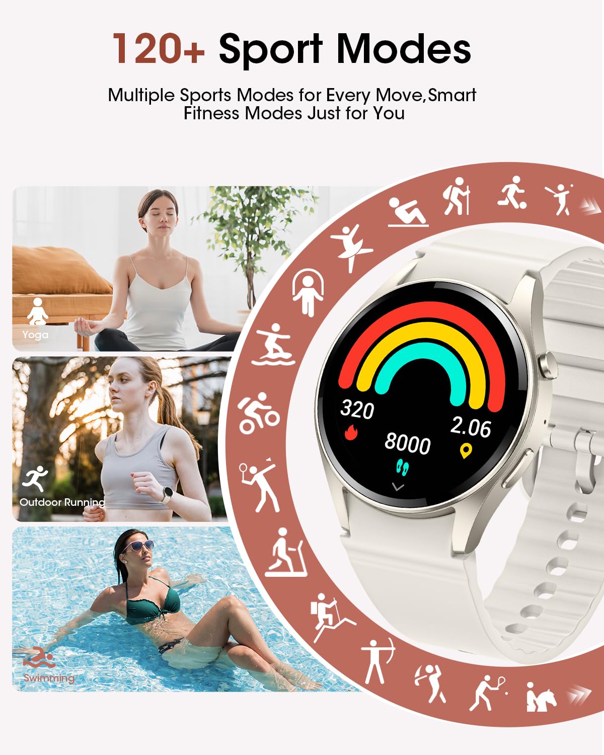AKUMAKA Smart Watches for Women Men, Android Smart Watch (Answer/Make Call) with Sleep/SpO2/Activity/Heart Rate Monitor, 120+ Sport Modes, Fitness Watch for Android iPhone Compatible, 2 Bands