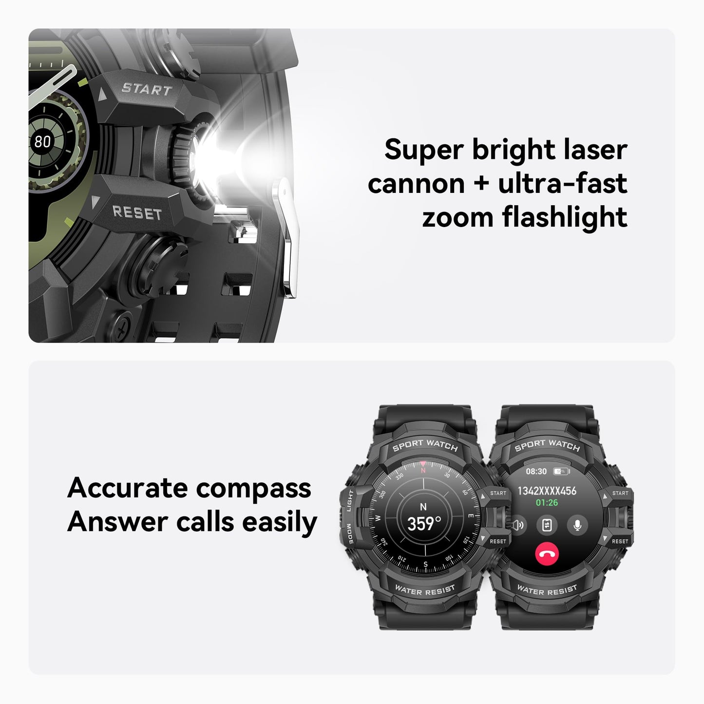 MIDDOW Military Smart Watch with Flashlight (Answer/Make Call) Compass, Heart Rate/Sleep/Pedometer/100+ Sports Modes, Fitness Tracker IP68 Waterproof, Long Battery Life Android & iOS (Black)