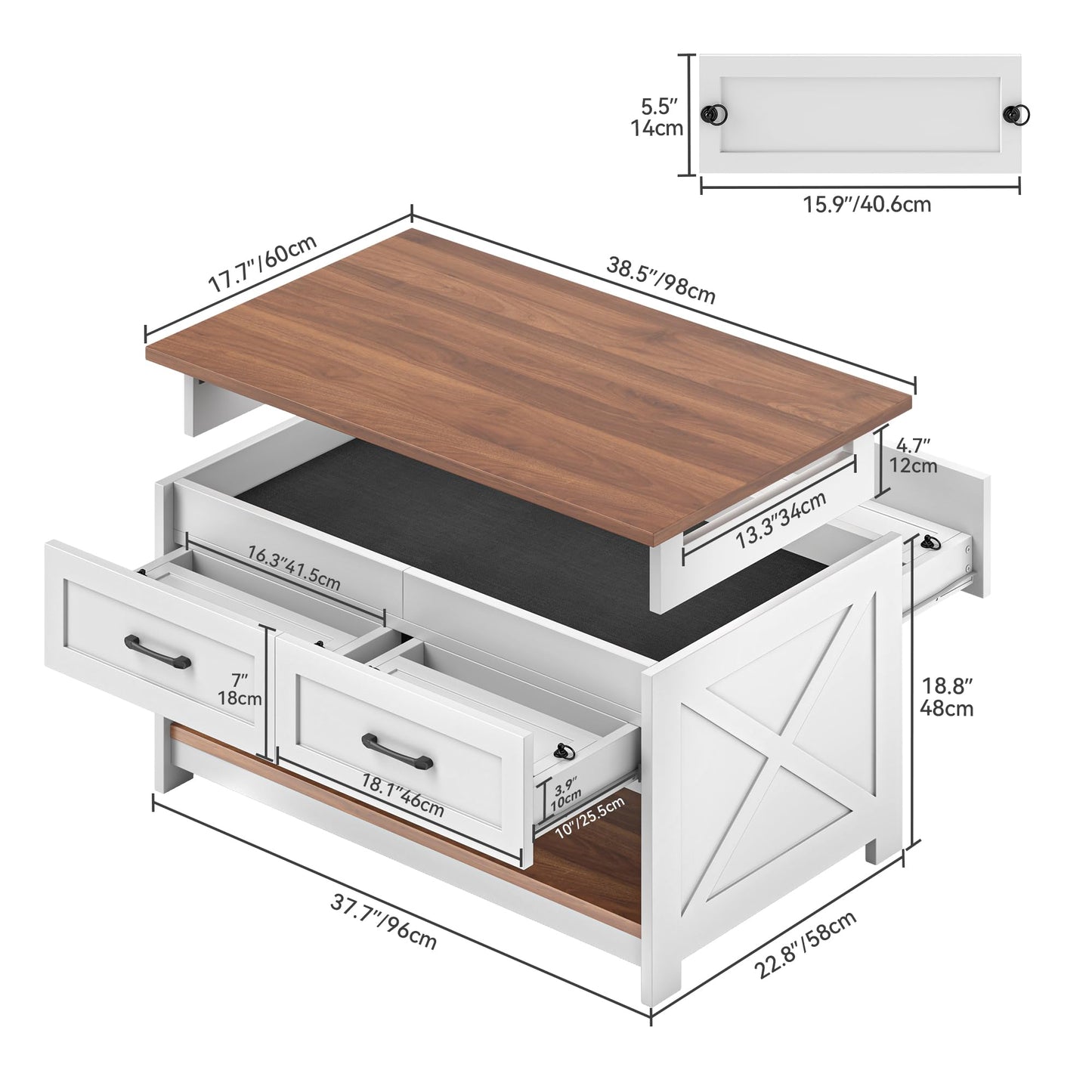 DWVO Farmhouse Coffee Table: 3-in-1 Board Game Center with Removable Top, 4-Drawer Puzzle Station & Built-in Power Outlet, Living Room Furniture with Play Mat (Walnut)