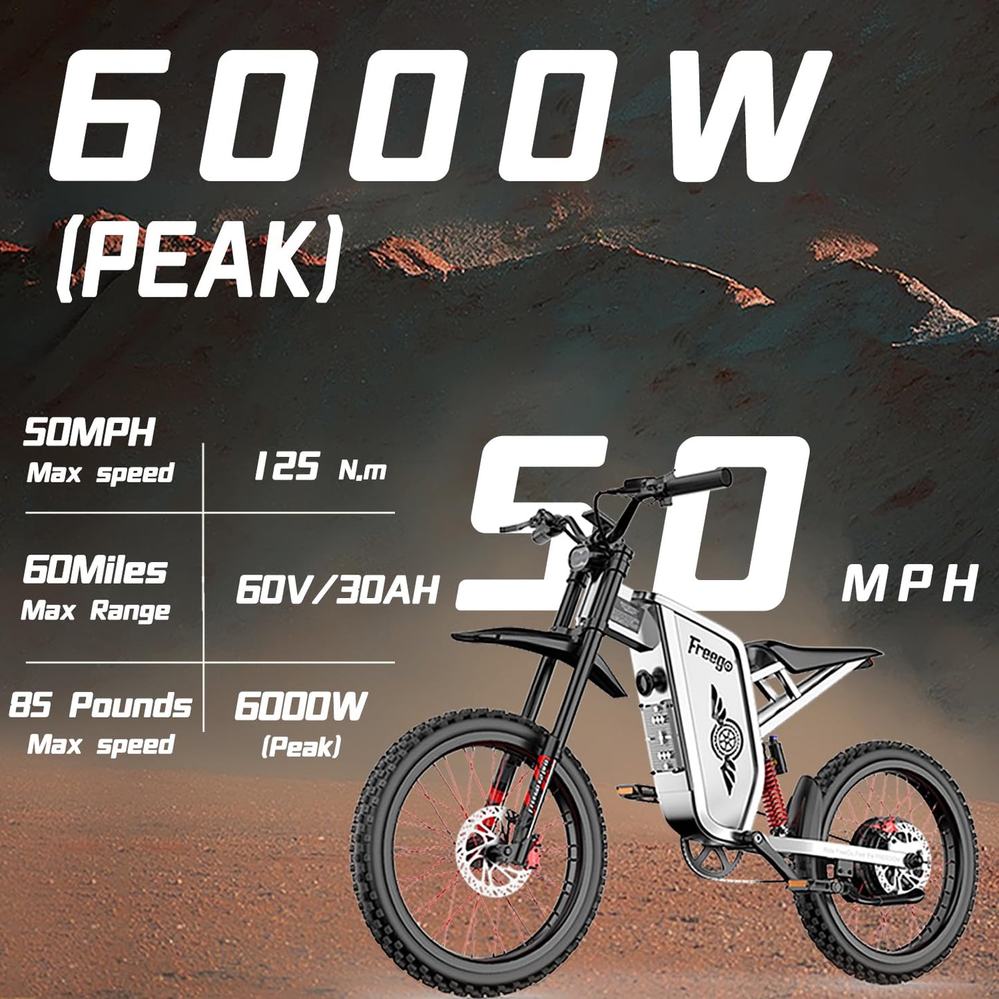 Freego Electric Dirt Bike for Adults, X2 Pro Electric Motorcycle 6000W(Peak) Motor 1800wh Battery,7 Speed 50MPH Off Road Electric Bicycle,19x2 Tire Full Suspension Hydraulic Brake Half Throttle