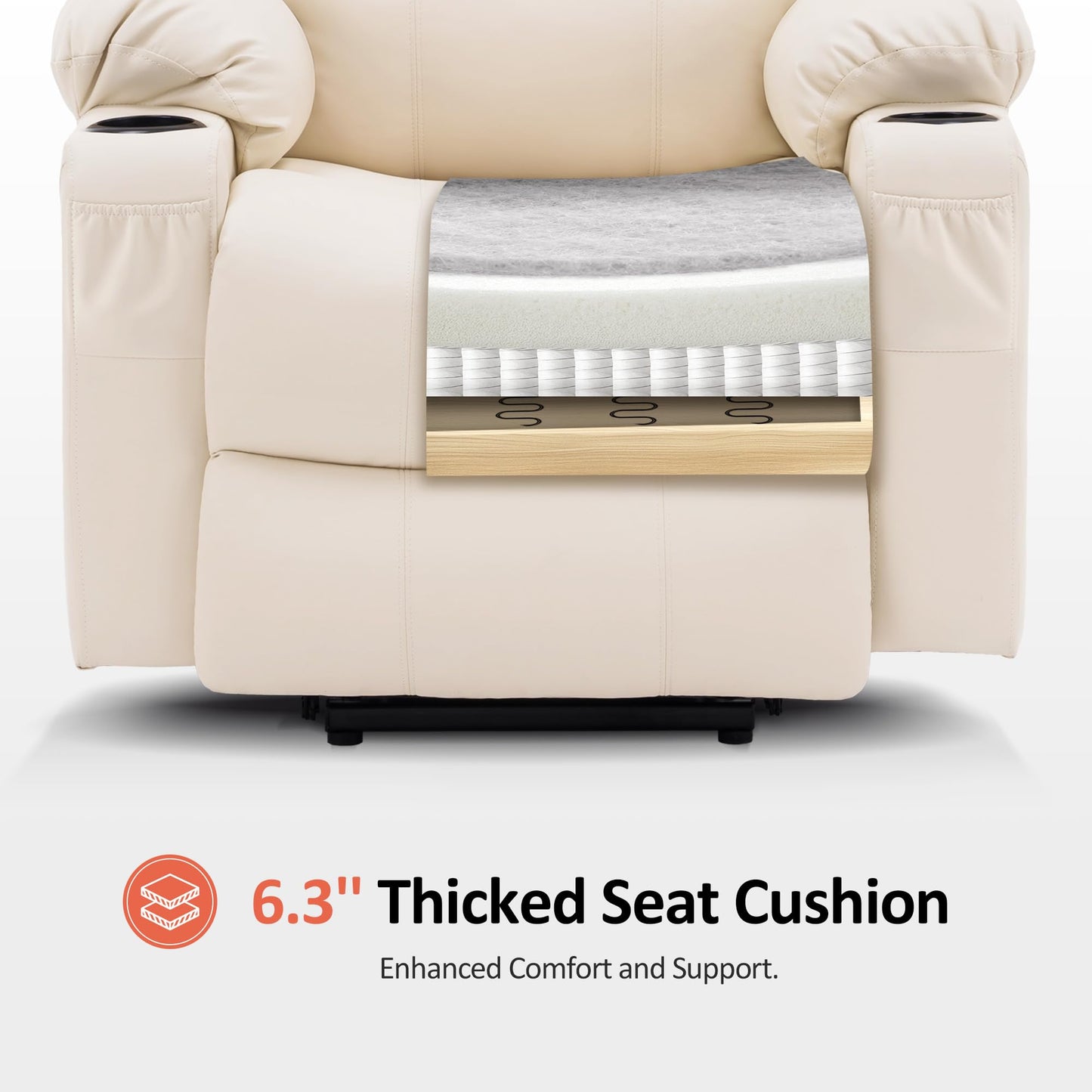 MCombo Power Lift Recliner Chair for Elderly, Lift Chair with Heat and Massage, FSC Certified, USB Ports, Cup Holders, Faux Leather 7040 (Cream White, Medium)
