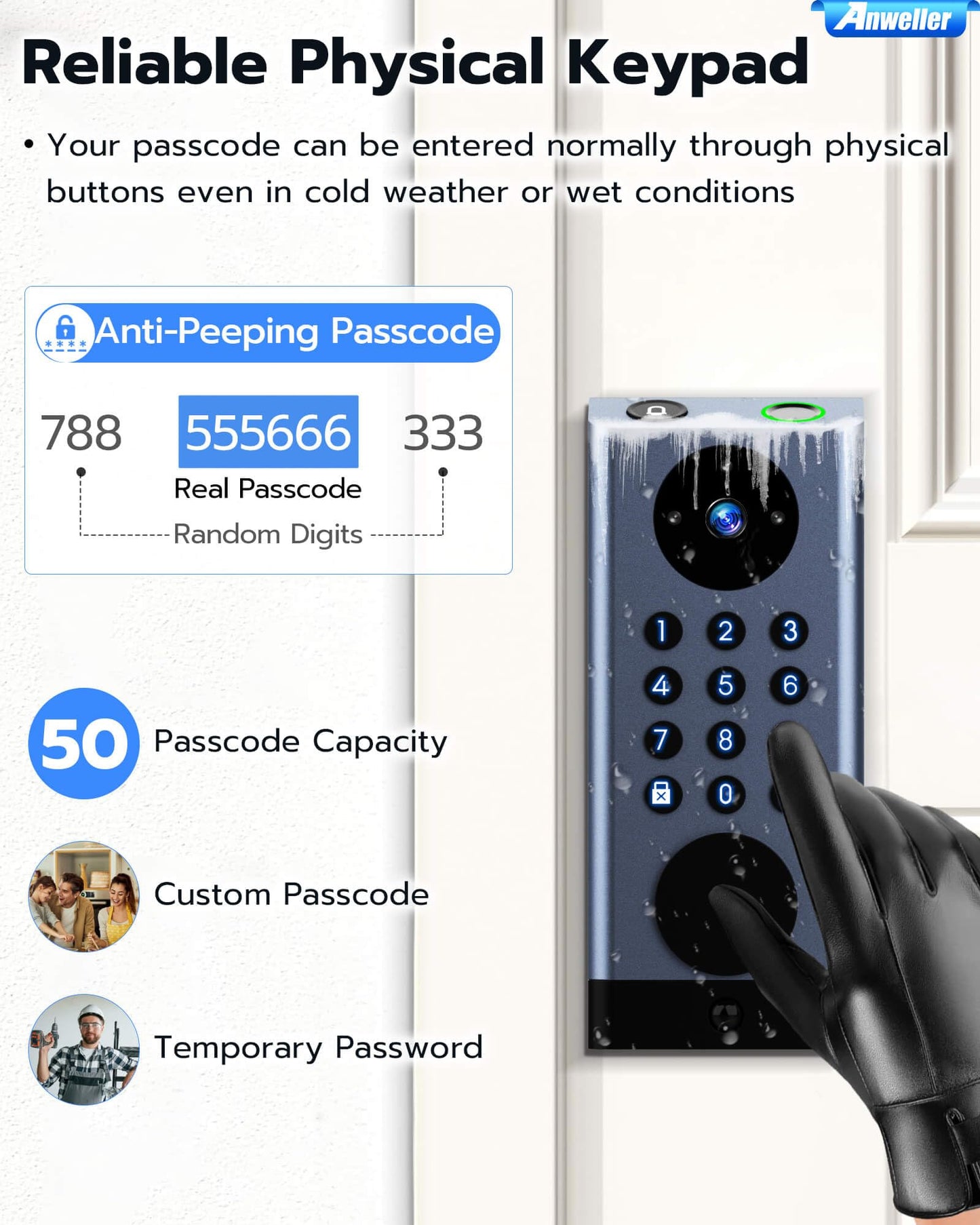 Anweller Smart Door Lock with Camera, WiFi Deadbolt with Video Doorbell, Fingerprint Biometric Electronic Keyless Entry Front Door Lock with Code Keypad for Exterior Doors, 10000mAh Battery