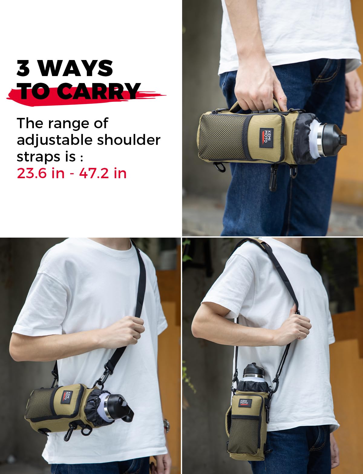KEMIMOTO Water Bottle Holder Bag, Water Bottle Carrier with Adjustable Shoulder Strap, Water Bottle Pouch Holder for Hiking, Camping, Fishing, Compatible with YETI STANLEY SLM 32 oz, 40 oz, 64 oz