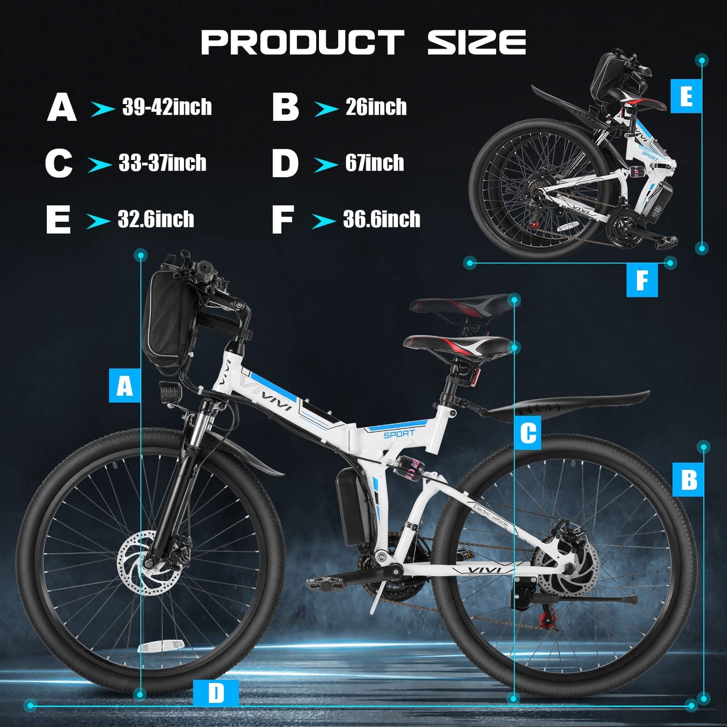 Vivi Folding Electric Bike, Electric Mountain Bike 750W Peak Motor Ebike 26'' Electric Bike for Adults with 48V Removable Battery, Professional 21 Speed, Dual Shock Absorber, LCD Display