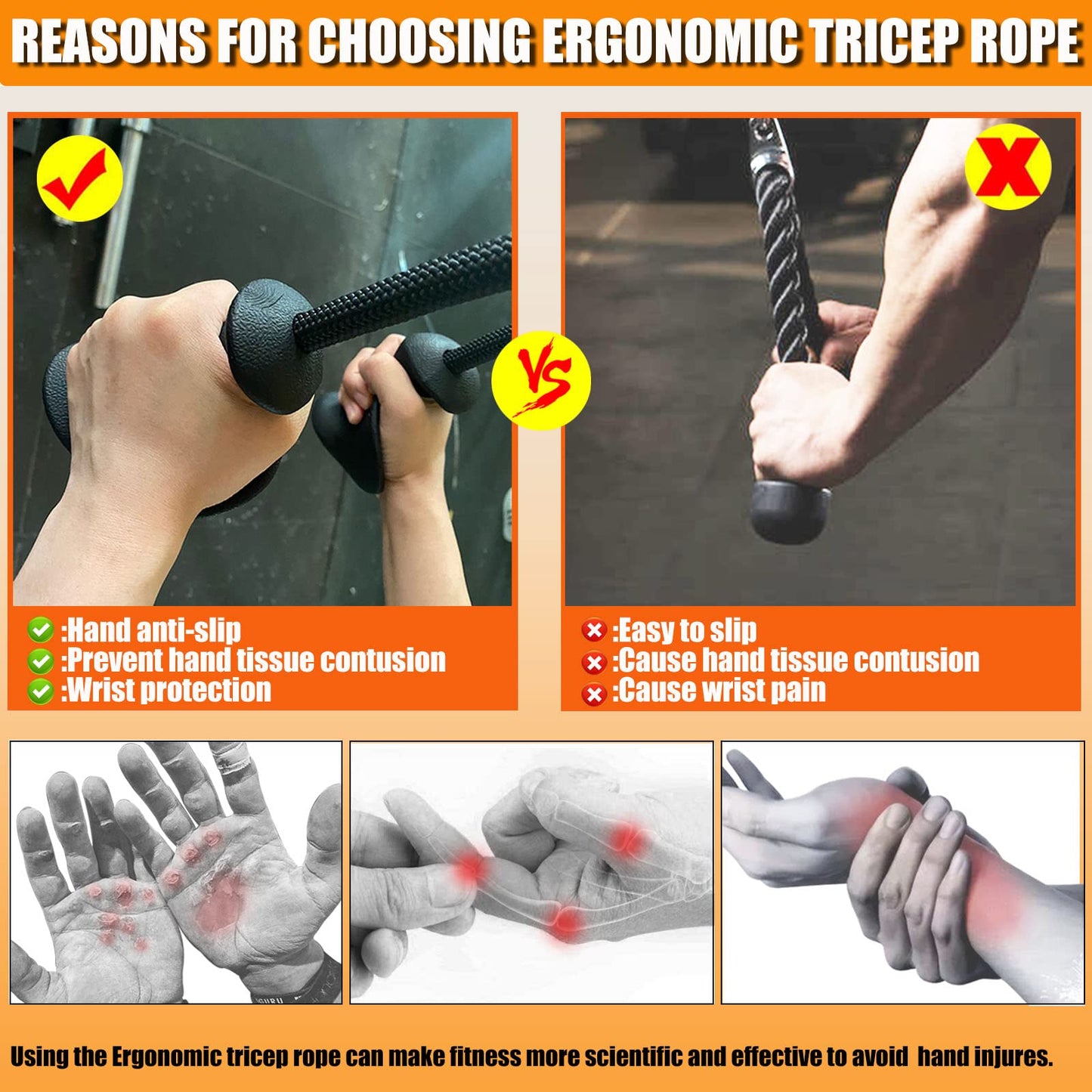 Ergonomic Tricep Rope Pull Down Attachment, Upgraded Long Triceps Rope Cable Attachments for Gym, LAT Pull Down Bar for Cable Machine, Tricep LAT Pulldown Workout Cable Attachments (Hand ROPE-02)