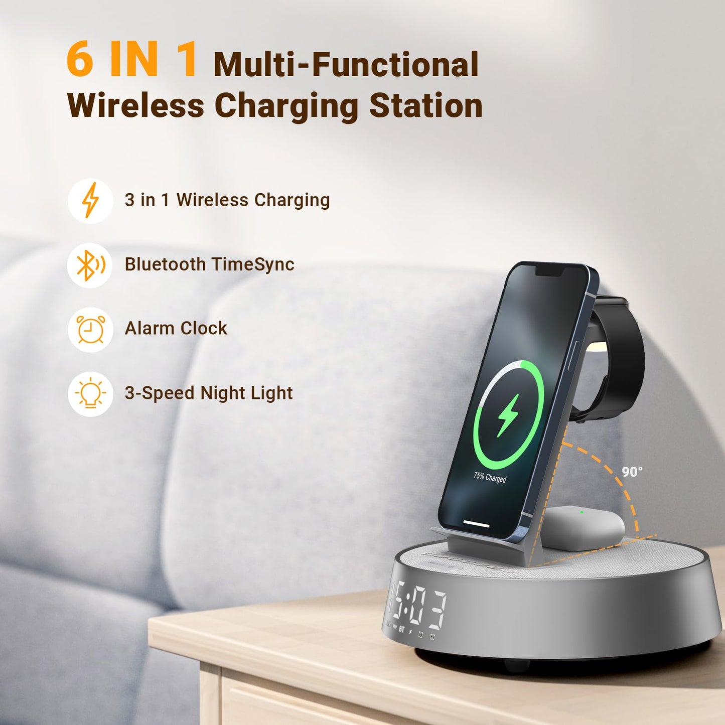 Alarm Clock Charging Station for Bedrooms, Wireless Charging Station with Dimmable Night Light Bluetooth Speaker, Mag-Safe Charger for iPhone 16 15 14 13 12 Pro Max, Apple Watch, AirPods Pro
