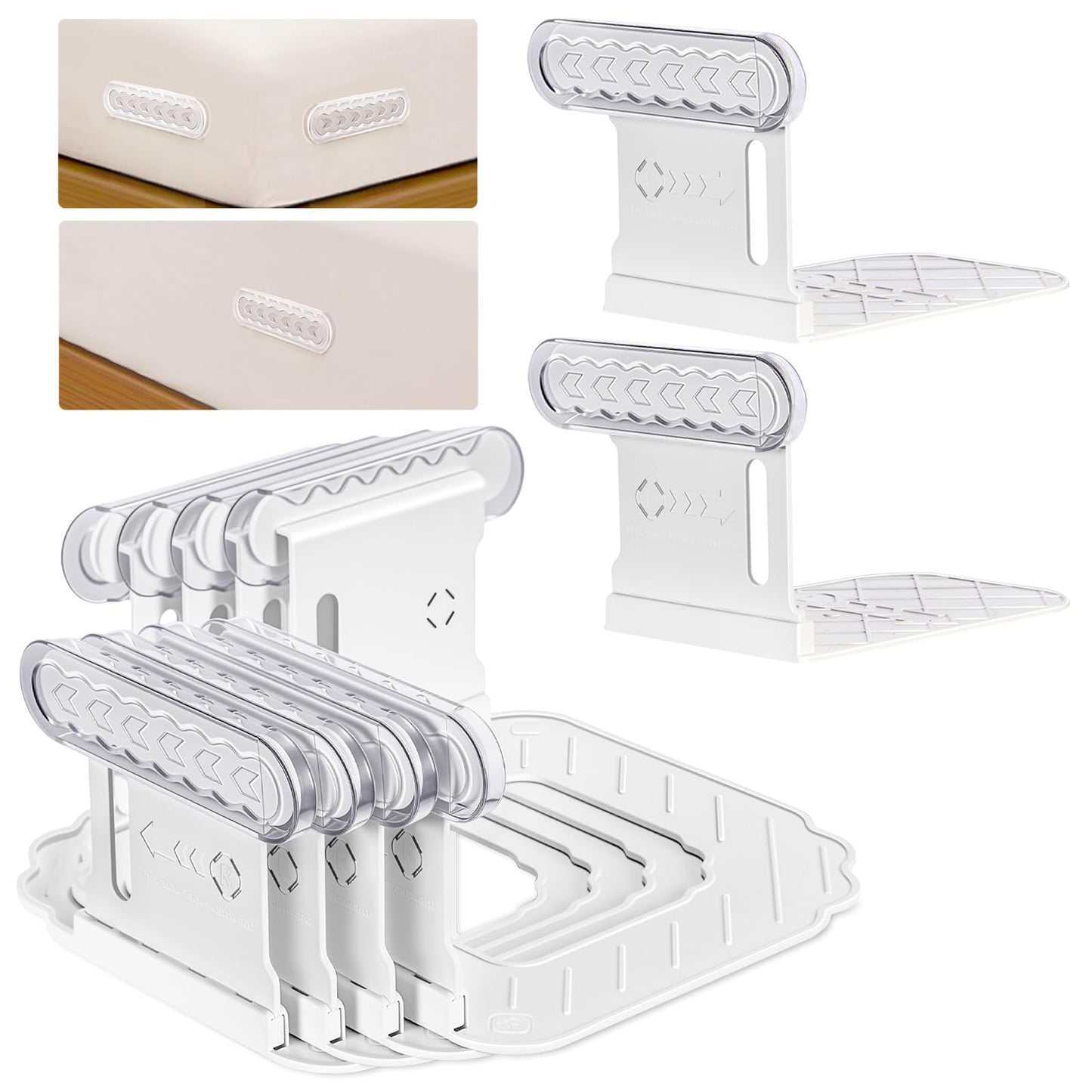 Alwenid Bed Sheet Holder with Slide Lock Straps, Heavy Duty Corner Middle Fitted Bedsheet Fasteners with Strips for Most Size Mattress, Keep Sheets Firm and Tight, Easy Installation(White+Clear)