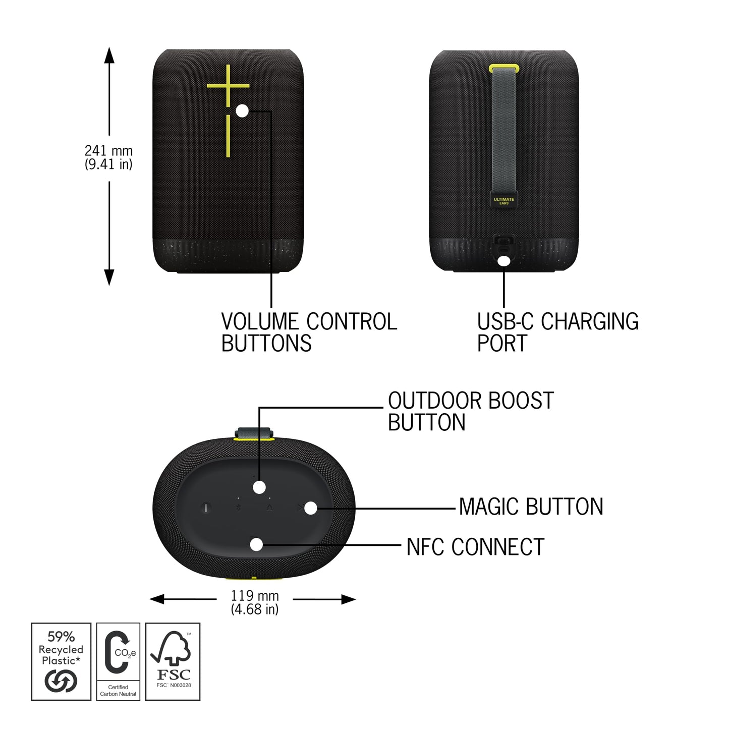 Ultimate Ears EPICBOOM, Portable Waterproof Bluetooth Speaker, Big Bass, 360-Degree Sound, Wireless Speakers, IP67, 17Hr Battery, USB C - Charcoal Black