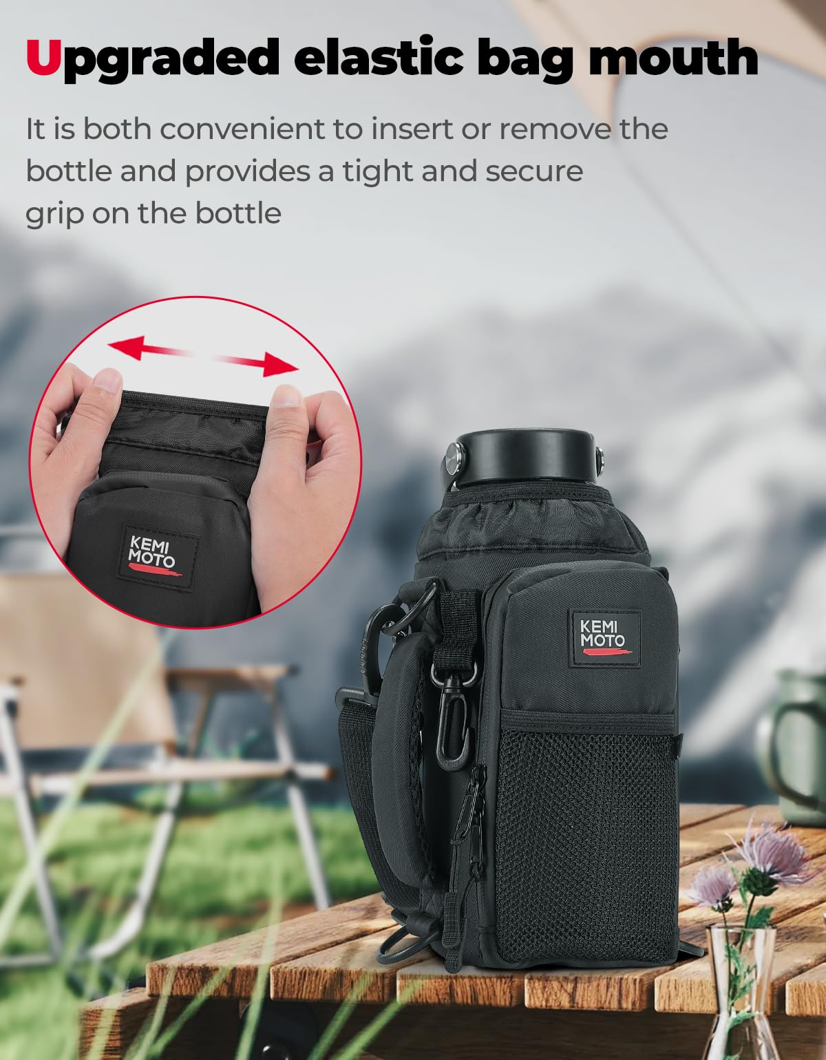 KEMIMOTO Water Bottle Holder Bag, Water Bottle Carrier with Adjustable Shoulder Strap, Water Bottle Pouch Holder for Hiking, Compatible with YETI STANLEY SLM 32 oz, 40 oz (Black-1, Elastic Band-32 oz)