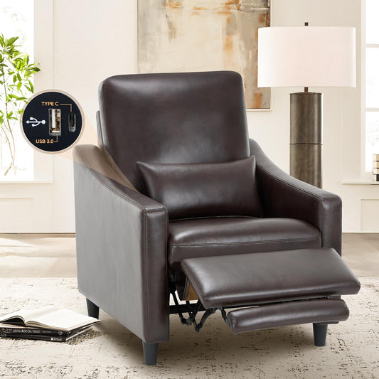 COLAMY Pushback Electric Recliner Chair, Premium Leather Upholstery with Adjustable Angles, Extra Lumbar Pillow, Built-in Charging Port, Business-Casual Style for Living Room(Brown