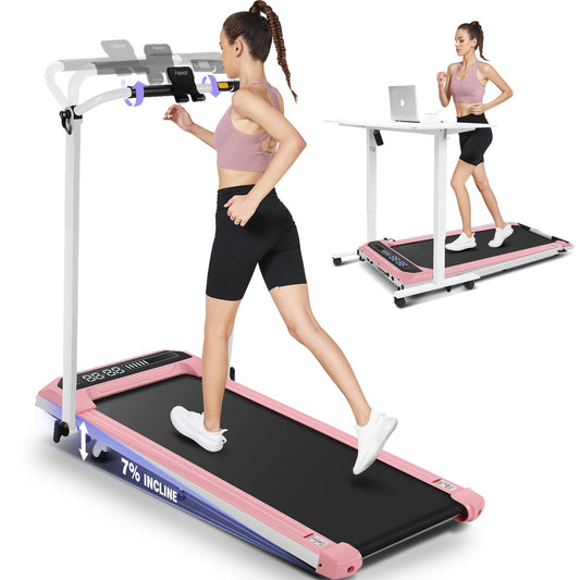 FUNMILY Folding Treadmill with Handles, Foldable Walking Pad Treadmill with Incline and Adjustable Handrails, 3 in 1 Under Desk Treadmills for Home 300 lb Capacity, Running Machine with Handle Bar