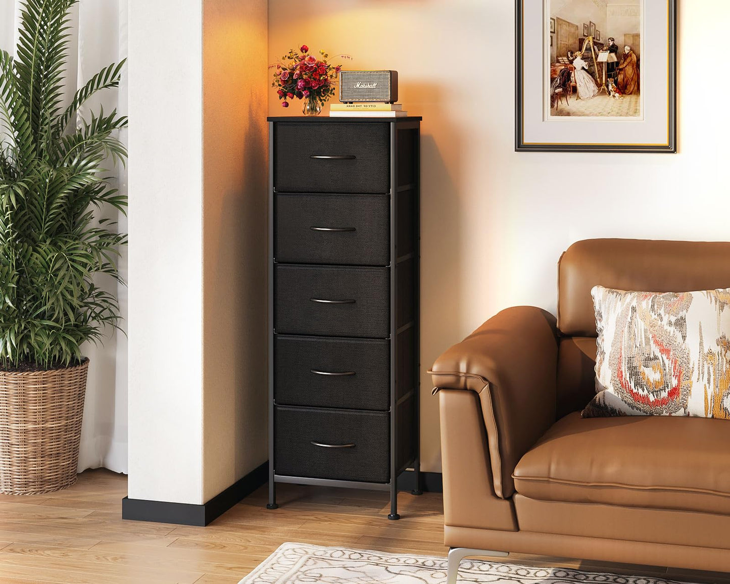 AODK Dresser for Bedroom with 5 Storage Drawers, 48" Tall Dresser Chest of Drawers Fabric Dressers with Sturdy Steel Frame, Black