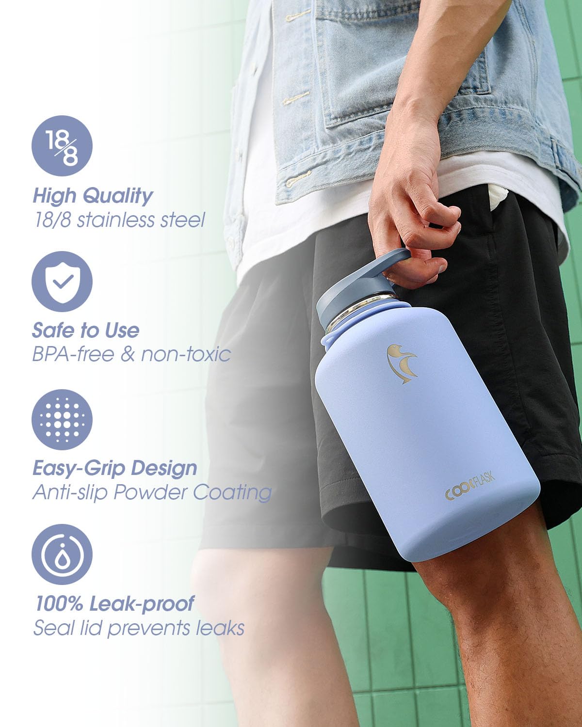 Coolflask 64 oz Water Bottle with Strap, Insulated Half Gallon Large Water Jug with Straw & Spout Lids, Stainless Steel Metal Flask, Keep Cold 48h Hot 24h, Leak Proof & Non-BPA, Dutch Blue