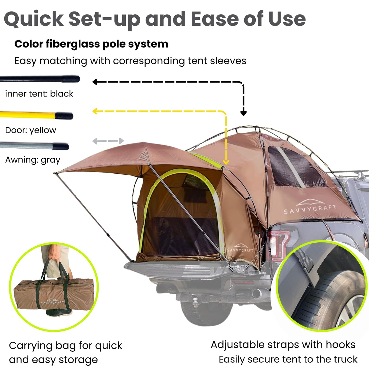 Savvycraft Pickup Truck Bed Tent for Full Size Truck 6.4'-6.7' Bed, Waterproof P3000mm 2-Person Double Layer Truck Bed Tent Camping Tent, Expandable Awning, Rainfly, Storage Bag Included Brown