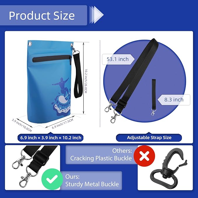 WALNEW Waterproof Dry Bag with Watertight Zipper, Lightweight Waterproof Pouch for Women Men, IPX5 Crossbody Dry Sack Keeps Gear Dry for Kayaking, Beach, Boating, Camping, Fishing, Hiking (BLUE)