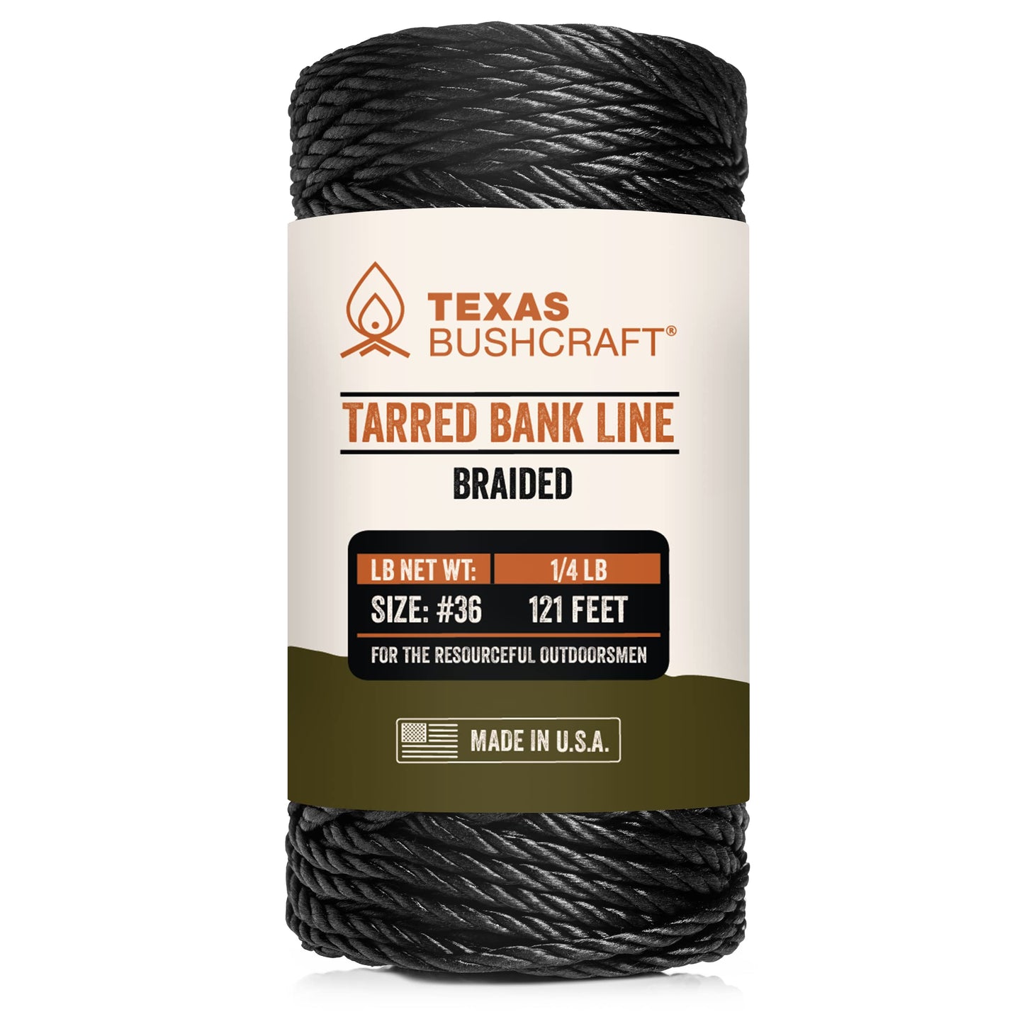 Texas Bushcraft Tarred Bank Line Twine - #36 Black Nylon String for Fishing, Camping and Outdoor Survival – Strong, Weather Resistant Bankline Cordage for Trotline (1/4 lb - #36 (131 ft), Braided)