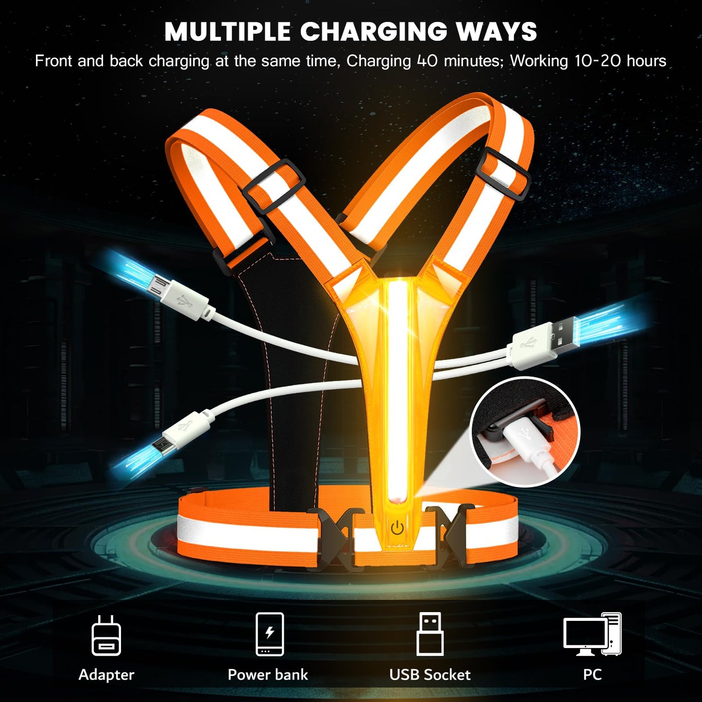 Fokia Kunbio LED Reflective Running Vest Gear,Light Up Vest Runners Night Walking USB Rechargeable,Up to 11hrs Light with Adjustable Waist/Shoulder for Women Men Kids (Orange)