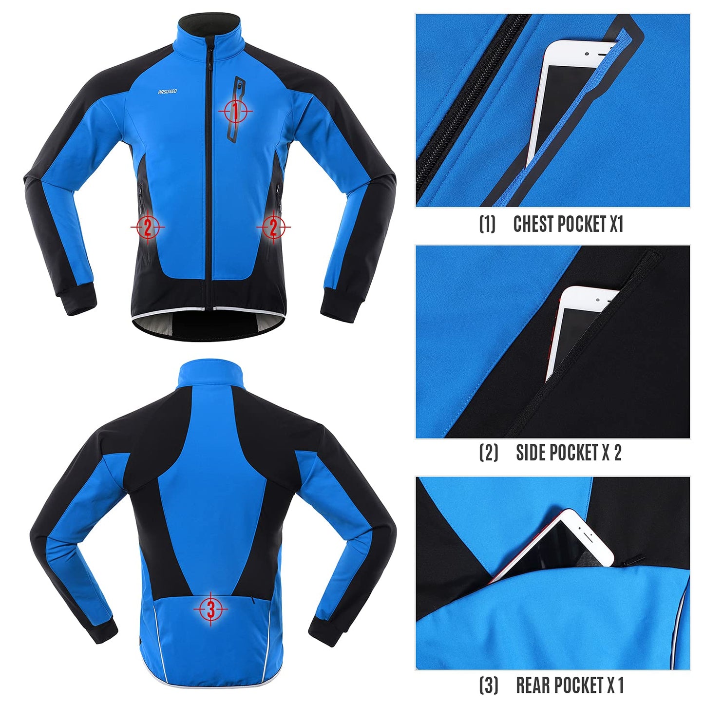 LIXADA Men Cycling Jacket Thermal Fleece with Multi Pockets Waterproof Windproof Long Sleeves Sports Jacket Coat MTB Bike Jersey for Autumn Winter Running Cycling Jogging Daily Wear