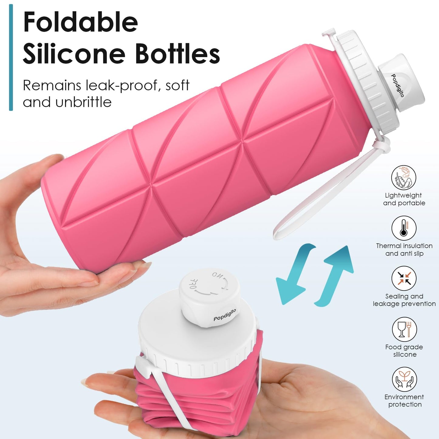 Popdigito Collapsible Water Bottle 2pcs Foldable Silicone Travel Water Bottle Leakproof Flexible BPA Free Portable,Folding Water Bottle Lightweight for Camping, Hiking,Sports 23oz (Pink)