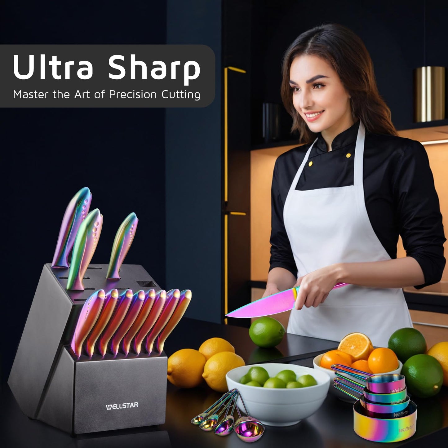 Rainbow Knife Block Set 27-Piece, Iridescent German Stainless Steel Kitchen Knives Set with Wooden Holder, Colorful Titanium Coating, Include Scissors and 2-Stage Built-in Sharpener and 8pcs Gadgets