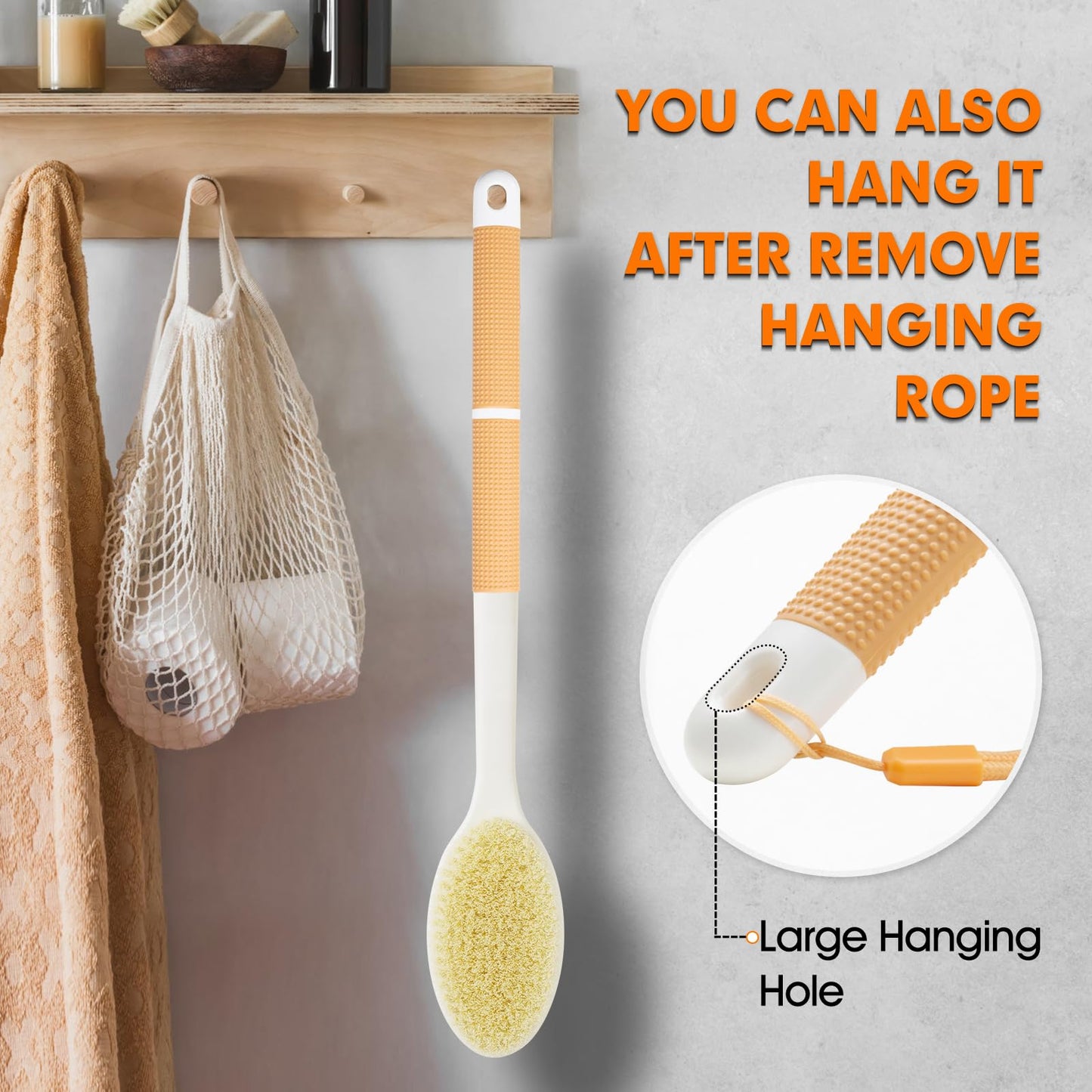 Backski Body Scrubber Anti Slip for Shower,Shower Brush Long Handle with Stiff and Soft Bristles,Body Wash Exfoliating Back Scrubber for Bath or Dry Brushing Body Brush(Orange)