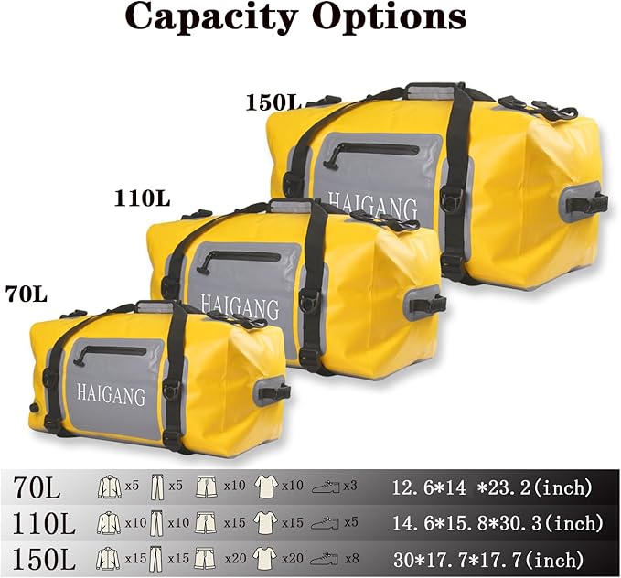 110L Waterproof Duffel Bag Heavy Duty Dry Bag Outdoors Large Storage Sack Zipper Marine Duffle Motorcycle Luggage,Strap Adjustable for Kayaking,Boating,Camping,Beach Rafting Fishing Yellow