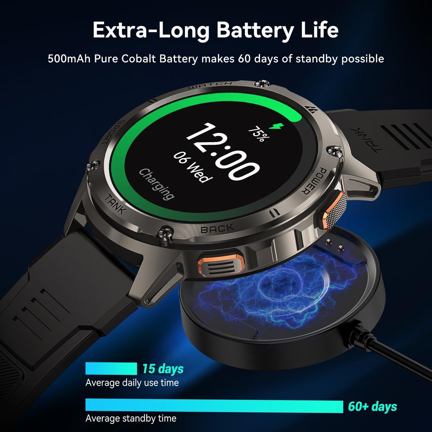 AMAZTIM Smart Watches for Men,60 Days Extra-Long Battery, Rugged Military Bluetooth Call(Answer/Dial Calls),1.43" Ultra HD AMOLED Display,Full Metal Body SmartWatch Compatible iPhone and Android