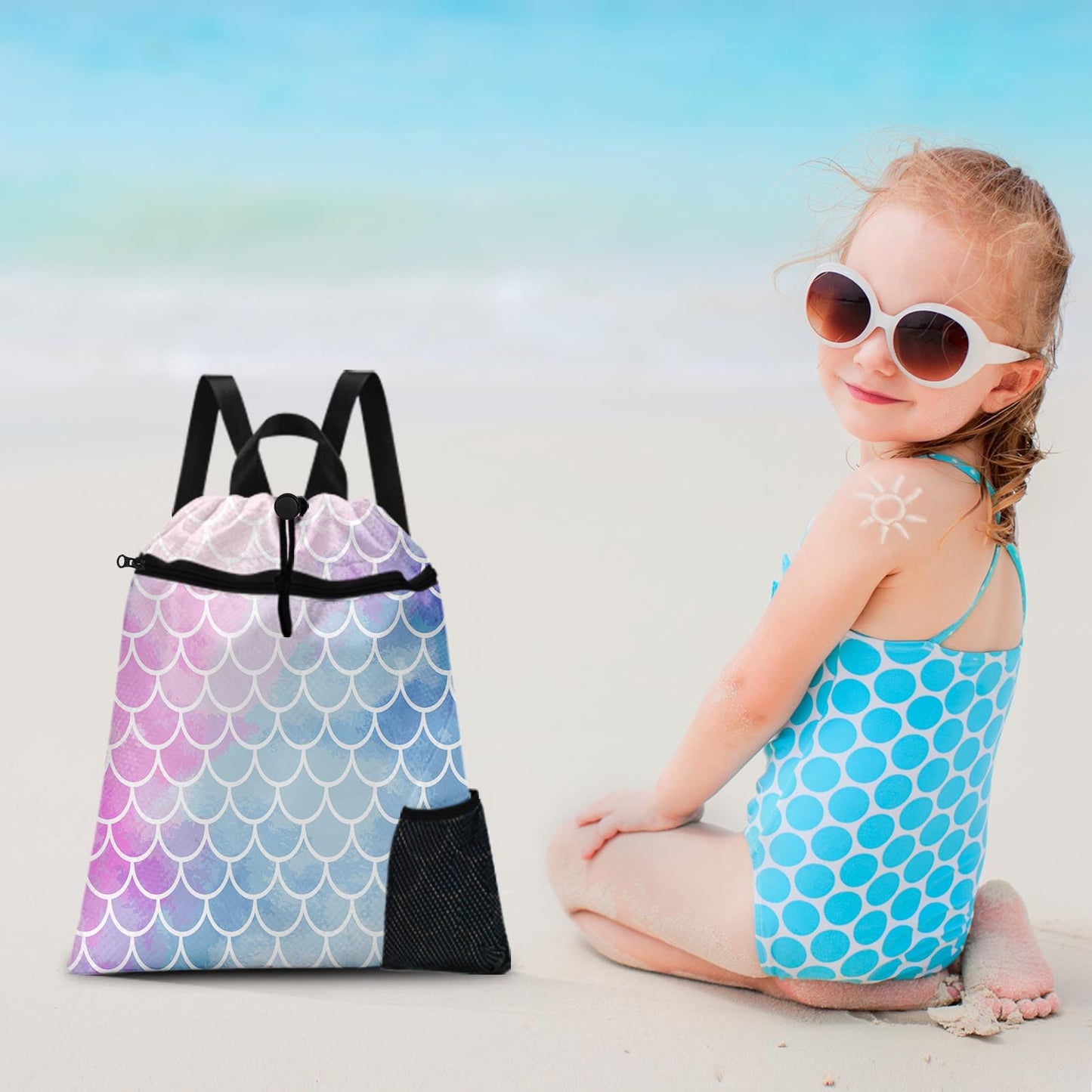 Britown Mermaid Gym Drawstring Backpack Waterproof Underwater Sea Pink Blue Girl Swimming Beach Sackpack, Sports Yoga Dance Travel String Bag Gift Bags with Water Bottle Pocket