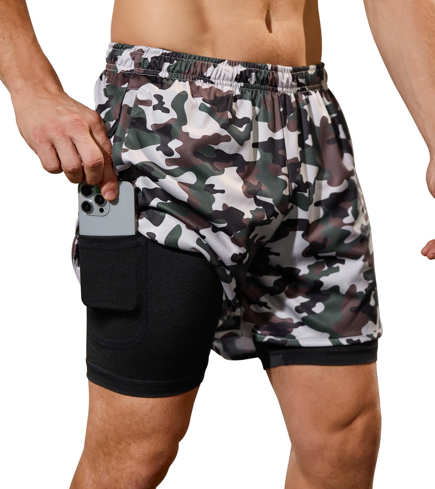 SILKWORLD Men Running Shorts 2 Piece Stretch Athletic Shorts Gym Shorts with Compression Liner, Black/Army Green Camo, Medium