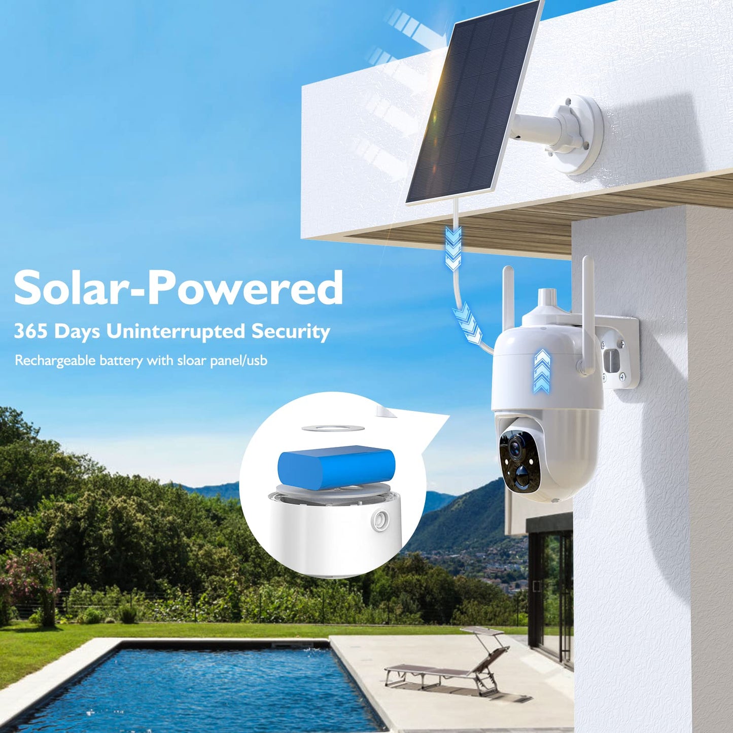 Allweviee Solar Security Cameras Wireless Outdoor, 2K 3MP Pan Tilt 355° View IP65 Waterproof Rechargeable Battery Powered PTZ WiFi Camera with PIR, Color Night Vision,2-Way Talk,Cloud/SD